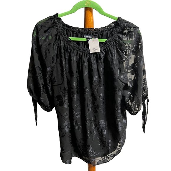 Colleen Lopez MED Black Semi Sheer Burnout Convertible Neck Blouson Top Ties NWT - Picture 3 of 9
